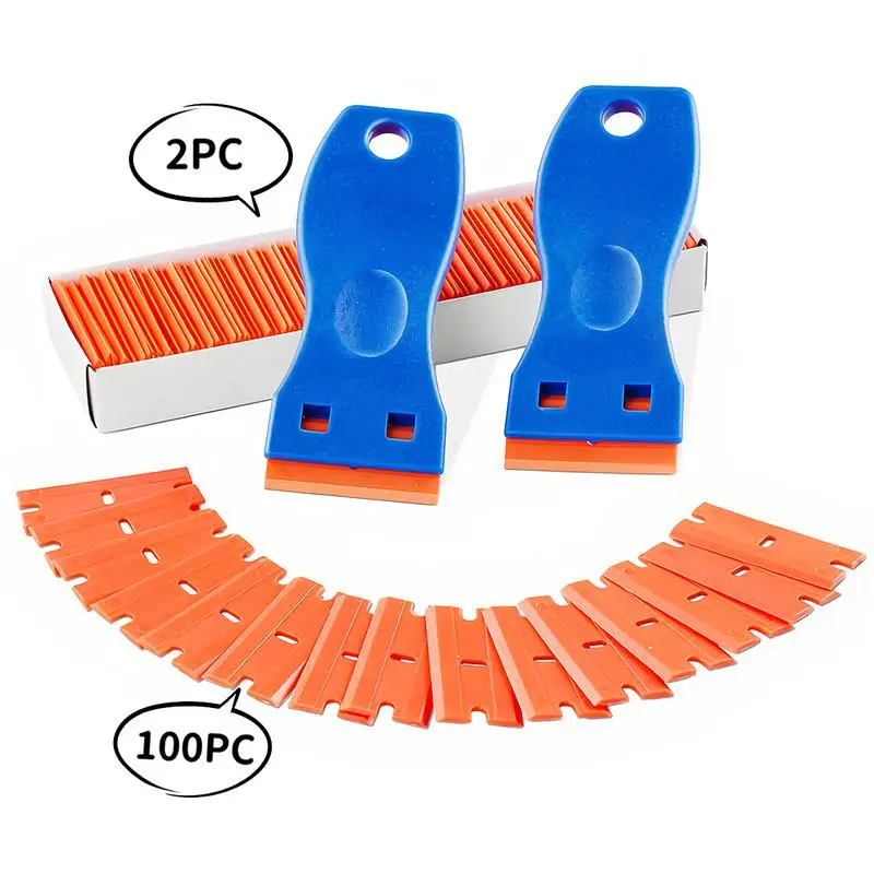 2PCS Multifunctional Plastic Scrapers with 100 Plastic Blades - Home Care Squeegees for Trace-Free Removal of Glass Stickers, Adhesive Tapes, Car Decals, Leftover Glue