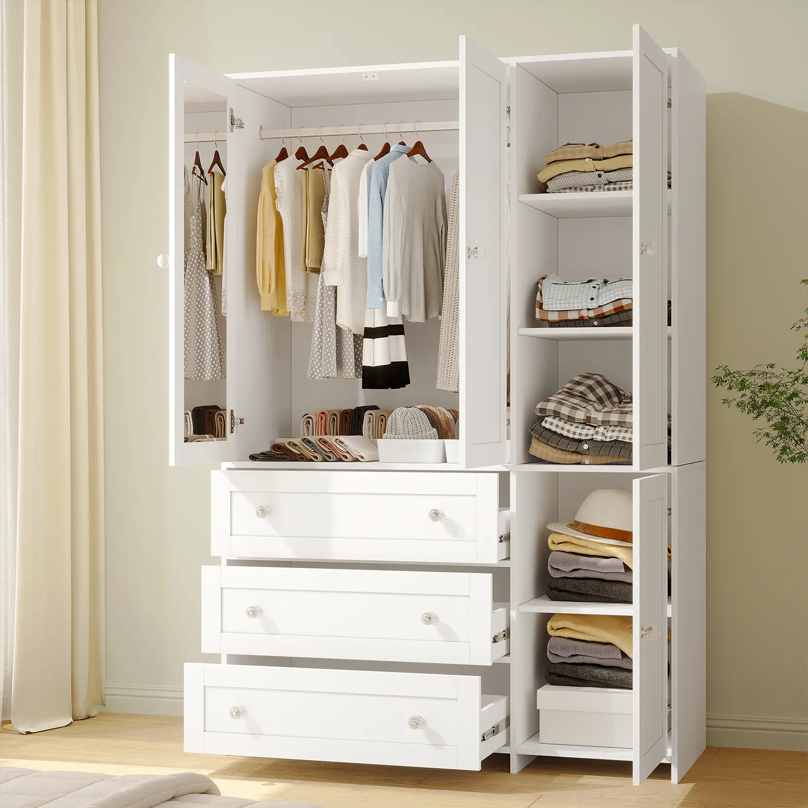 【2 Packages Delivery】VOWNER Wardrobe Closet Armoire Storage Cabinet 3 Doors with Hanging Rod for Hanging Clothes Bedroom Large Capacity Tall Freestanding Armoire Organizer with Shelves particle board