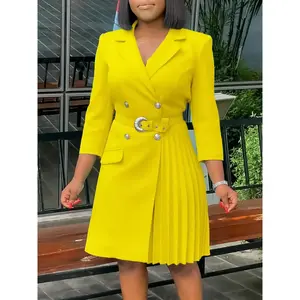 D3284 Chic Bright Yellow Blazer Dress Double-Breasted Belted Pleated Midi Dress 3/4 Sleeve High Waist Tight Fit for Work Office Cocktail Party Elegance Style Womenswear Fashion