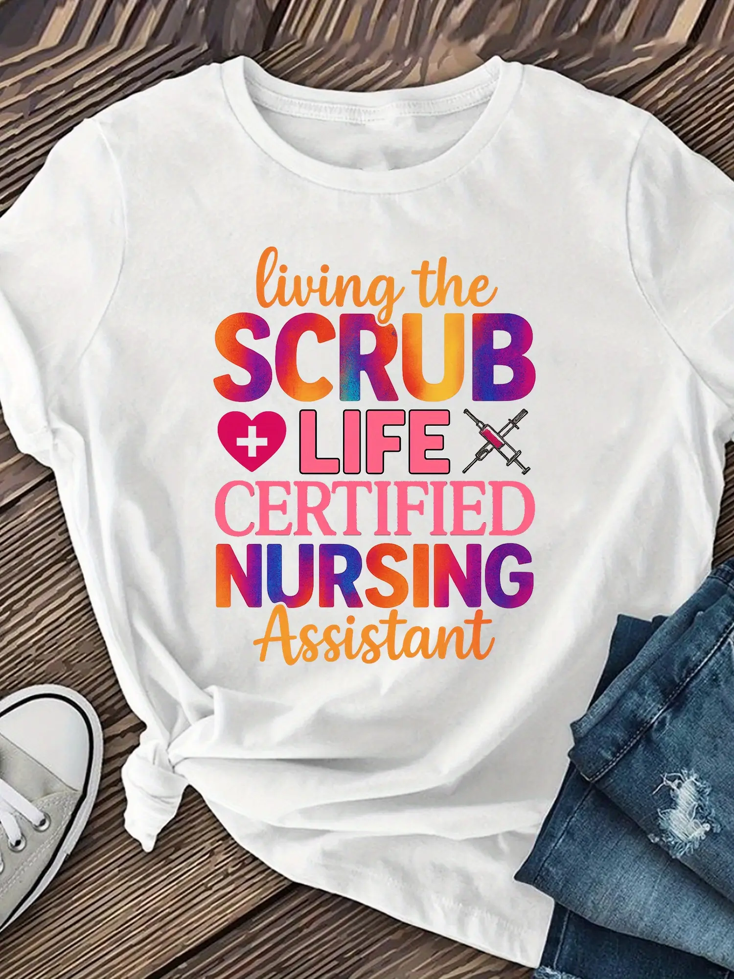 [Floral Print CNA Tee] Women's "Living The Scrubs Life" Certified Nursing Assistant & CNA Graphic Tee -  Casual Short Sleeve T-Shirt with Floral Print, Medium Elasticity, Machine Washable, Spring/Summer Comfort Fit, Nurse Shirts, Summer Uniform Top, V