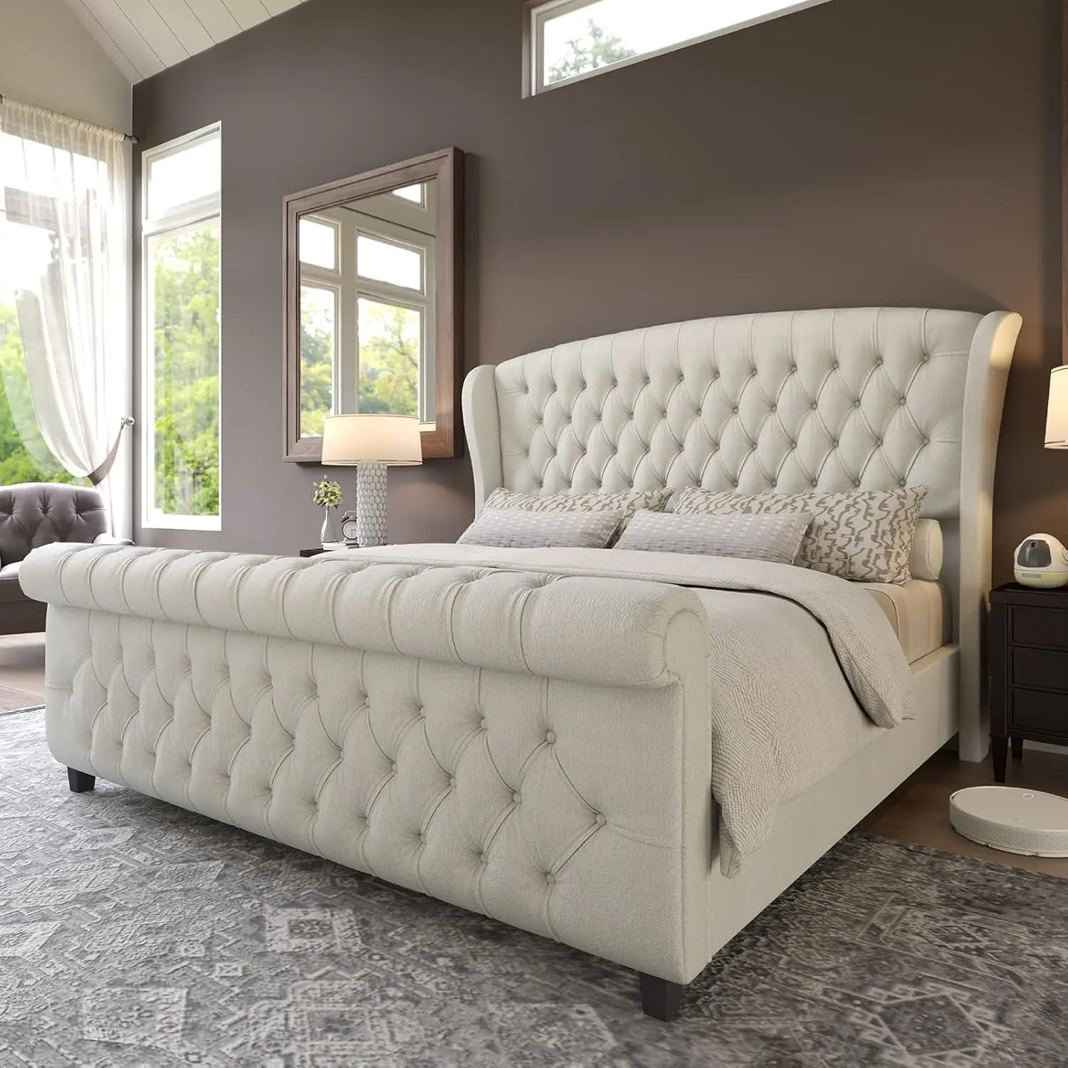 AMERLIFE Platform Bed Frame,Velvet Upholstered Sleigh Bed with Scroll Wingback Headboard&Footboard/No Box Spring Required/Christmas Gift/Best Gift Ideas[tiktokshopbacktoschool][SohoChic]