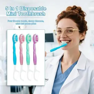 5-in-1 Mini Toothbrush Set - Disposable toothbrush, includes toothpaste, dental floss, toothpick, and tongue scraper. Soft and comfortable, travel-sized, individually packaged.