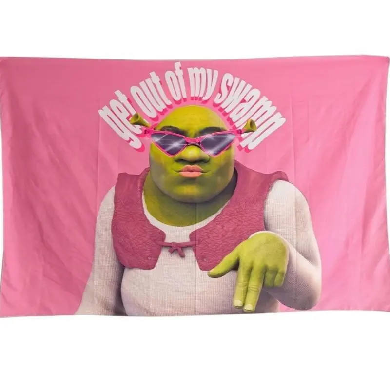 Playful Pink Shrek Tapestry 3x5Ft, "Get Out Of My Swamp" Meme Wall Hanging, Light Peach Velvet Fabric, Lightweight Landscape Wall Banner, Dorm/Bedroom Decoration, Hand Wash Home Decor for Living Room Sohochic