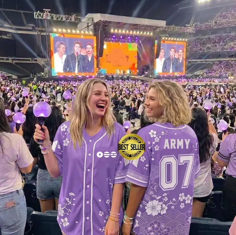 Purple Kpop Fan Baseball Jersey Floral Japanese Pattern Short Sleeve Button Down Shirt Concert Merch Tops Oversized Streetwear Gift for Fan