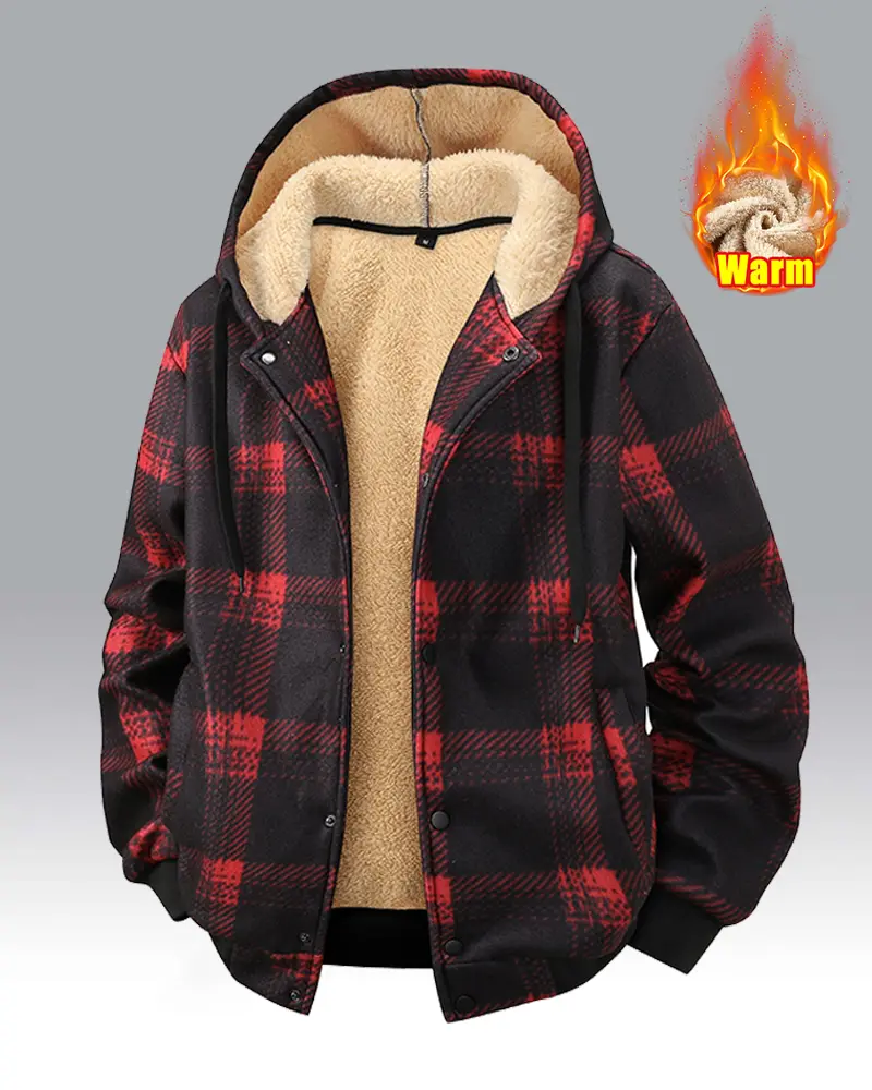 Men's Stylish Long Sleeve Fleece Hoodie Sweatshirt - Thick Menswear Top, Contrasting Plaid Pattern, Adjustable Drawstring Hood, Ribbed Cuffs, Buttoned Front Closure - Ideal for Outdoor Hikes, Casual Wear
