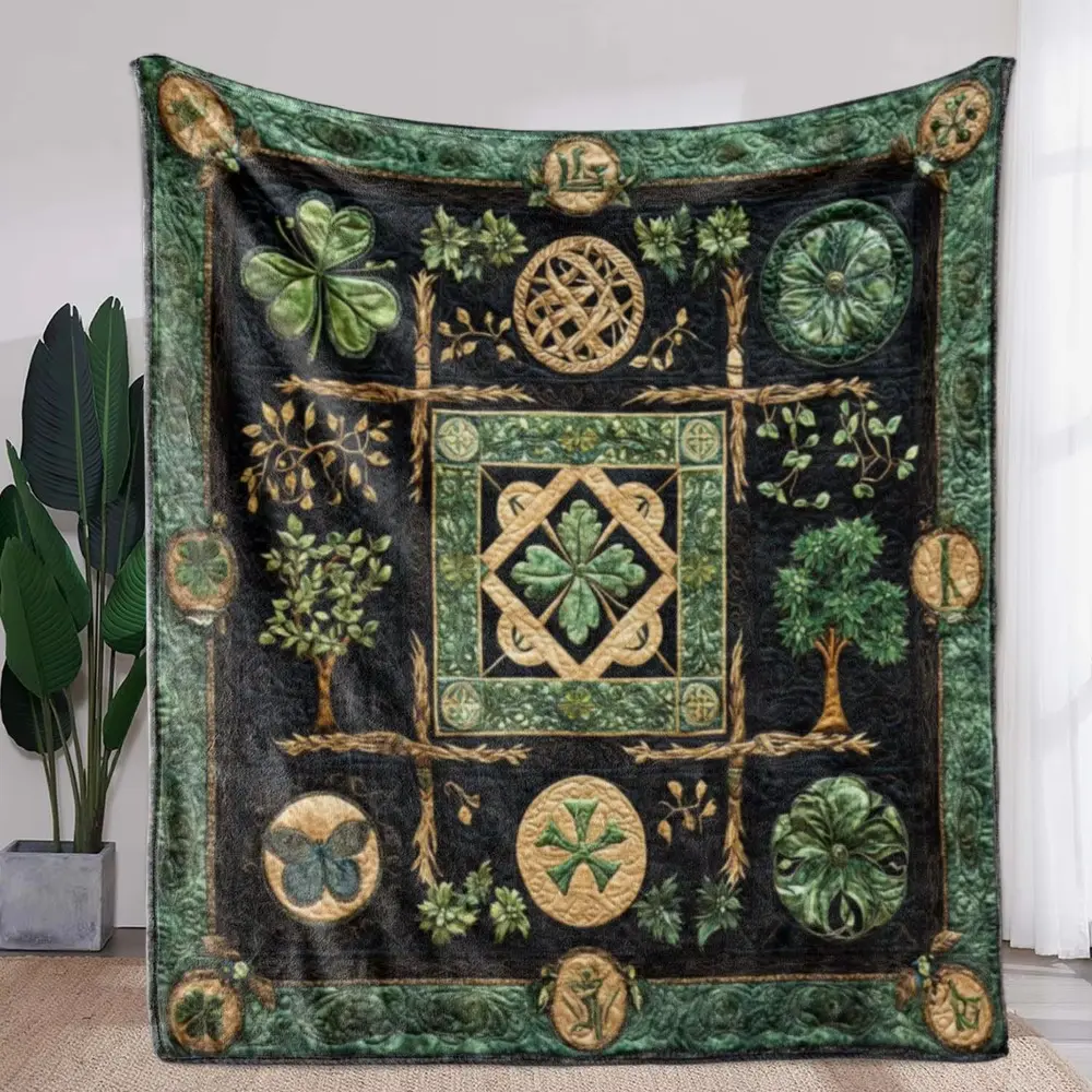 1pc Vintage St. Patrick's Day Polyester Flannel Fabric Blanket - Tree, Butterfly, Clover Printed, Wrinkle Resistant, Cozy Soft All-Season Throw, Multi-Size (30*40in Infant Size Included) for Indoor Sofa, Bed Use