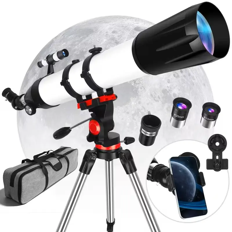 90mm Aperture 800mm AZ Mount Refractor Telescope for Astronomy Beginners - Portable Outdoor Observation Tool with Barlow Lens, Eyepieces, Phone Adapter, Carry Bag for Moon Viewing