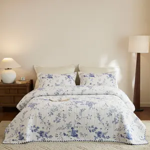 3Pcs 100% Cotton Blue & White Floral Quilt Bedspread Set