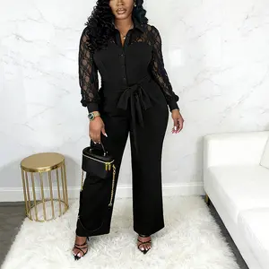 Elegant Lace Sleeve Jumpsuit for Women Soft Stretch Fabric Lace Puff Sleeve Wide Leg Pant Suit High Waist Deep V Neck Zip Back Side Pockets Belted Formal Outfits Birthday Elegance Loose Matching Womenswear Overalls Red