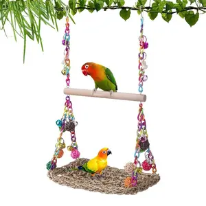 Bird Swing Toy Seagrass Woven Parrot Platform Climbing Hammock Perch Chew Toy for Lovebirds Cockatiels Natural Material Hand-woven with Rattan Balls & Bells