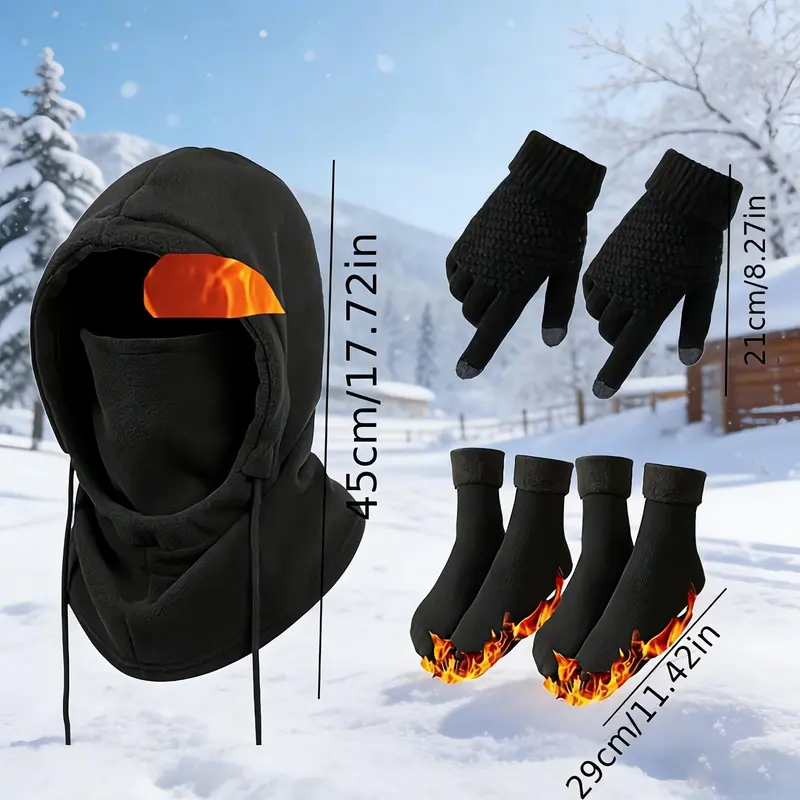 Unisex Adults' 4-Pc Plain Winter Warm Outdoor Wear Set - Windproof Full Face Ski Mask Balaclava, Hooded Jacket, Gloves, Thermal Socks, Biking/Ski Extreme Cold Gear, Hand Washable Ideal Gift Unisex Adults' 4-Pc Plain Winter Warm Outdoor Wear Set - Windproof Full Face Ski Mask Balaclava, Hooded Jacket, Gloves, Thermal Socks, Biking/Ski Extreme Cold Gear, Hand Washable Ideal Gift