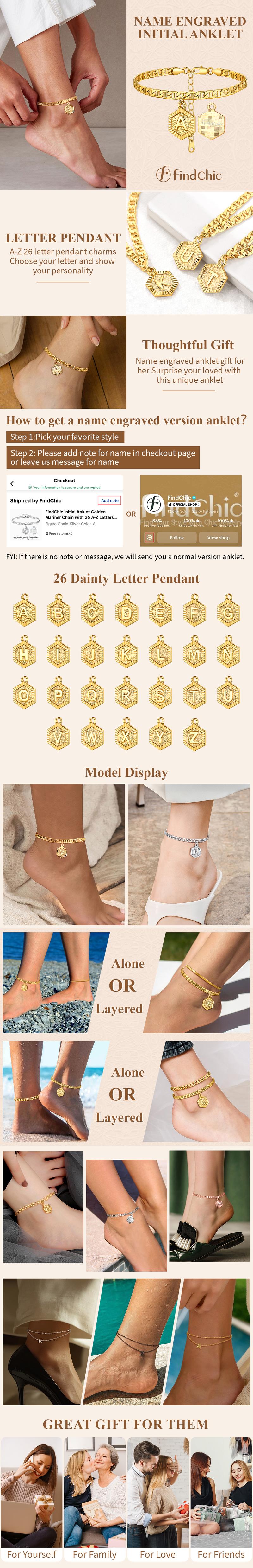 FindChic Initial Anklet Valentine's Day Gift Golden Mariner Chain with 26 A-Z Letters Name Engraved Customization Pendant Graduation BFF Gift Ankle Bracelet Summer Beach Footwear Daily Casual No Tarnish Anklet Set Jewelry Gift for Women Girl Girlfriend