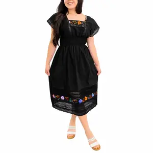 Luz Dress - Hand Embroidered Mexican Dress Made in Mexico Floral Embroidery and Lace Hem One Size Fits All