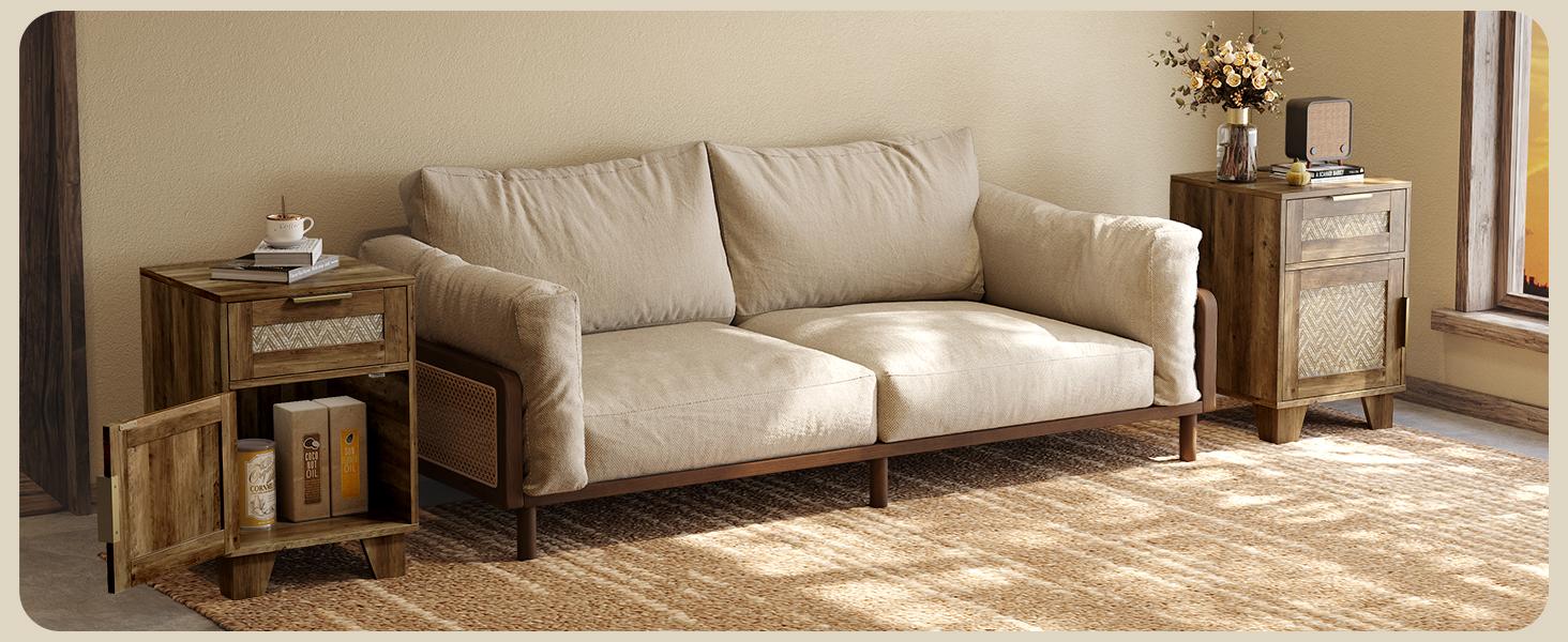 【SPOTLIGHT DAY】ONBRILL End Table with Storage & Charging Station, Farmhouse Wood Night Stand with Drawers, Adjustable Shelf, Bed Side Tables for Small Space, Living Room, Bedroom