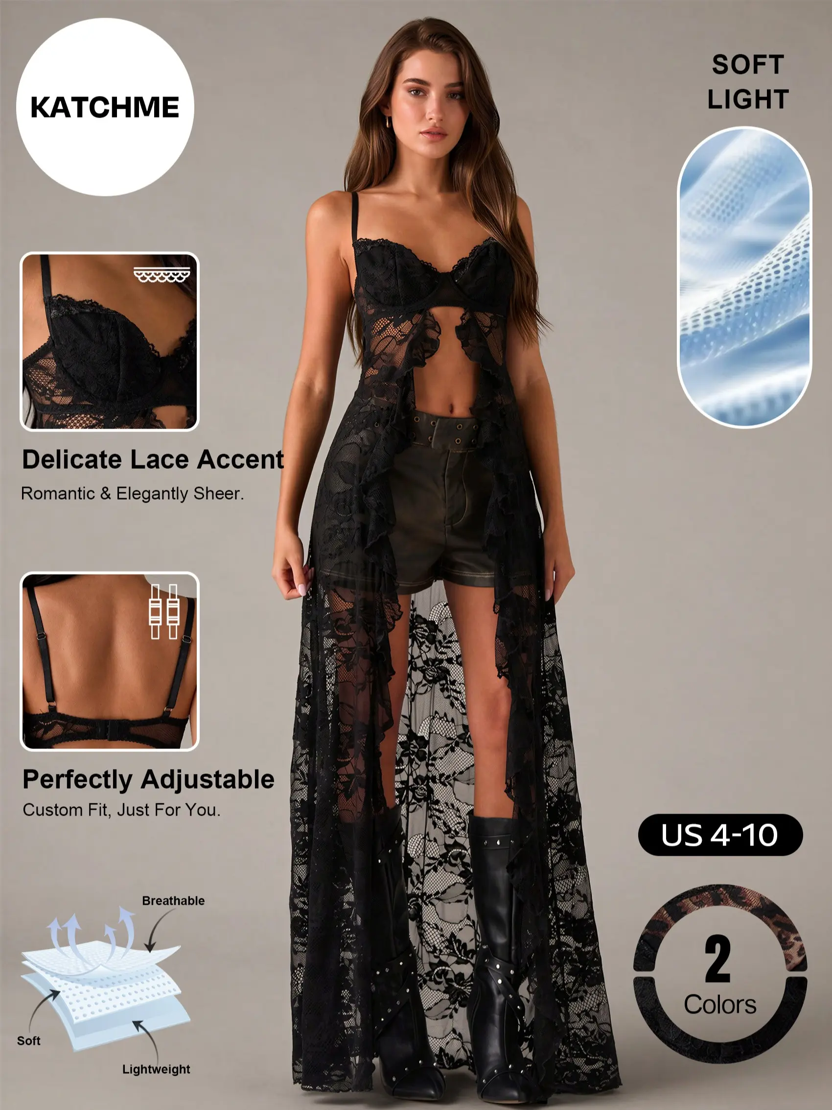 Katch Me Chic Women's Breezy Adjustable Strap Sweetheart Neckline Front‑Split Sheer Lace Maxi Dress, Vibrant Bralette Lace Top