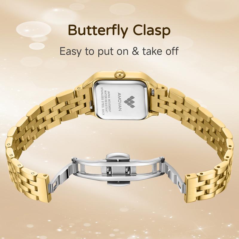 AMOVAN Gold Stainless Steel Bracelet Watch with Black Dial and Roman Numerals