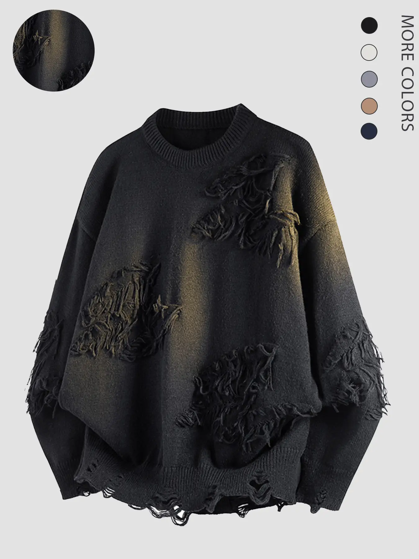 #SohoChic Menswear Casual Stylish Plain Knitwear - Oversized Distressed Fringe Crew Neck Ripped Raw Hem Long Sleeve Loose Vintage Grunge Pullover For Men Sweater Tops M-XXXL