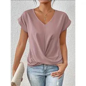 Elegant Beige V-Neck T-Shirt Women - Lightweight & Breathable with Chic Knot Detail, Short Sleeves - Ideal/Casual Wear - Polyester Blend, Machine Washable, Everyday Elegant Shirt |   Vneck Blouse |   Polyester Blend  Tops Fit  Knit Womenswear Loose Medium