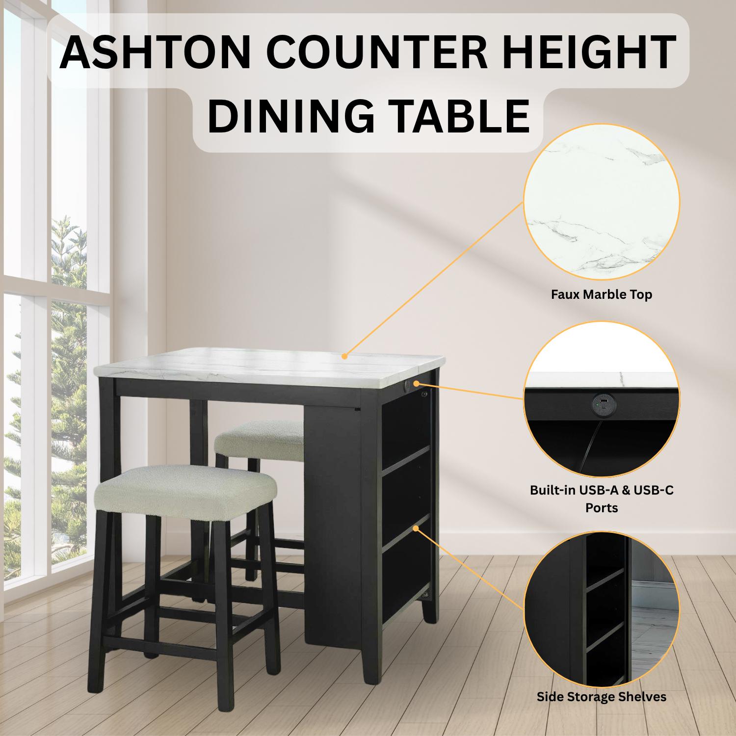 Ashton 3-Piece Counter-Height Dining Set with Faux Marble Top & USB Charging Ports, Plush Chenille Fabric Cushions & Side Storage Shelves