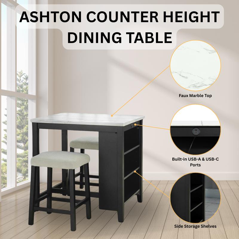 Ashton 3-Piece Counter-Height Dining Set with Faux Marble Top & USB Charging Ports, Plush Chenille Fabric Cushions & Side Storage Shelves