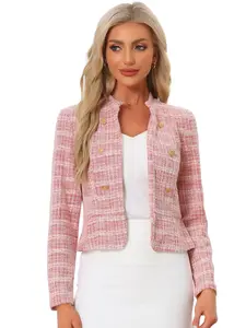 INSPIRE CHIC Vintage Tweed Stand Collar Business Open Front Cropped Jacket