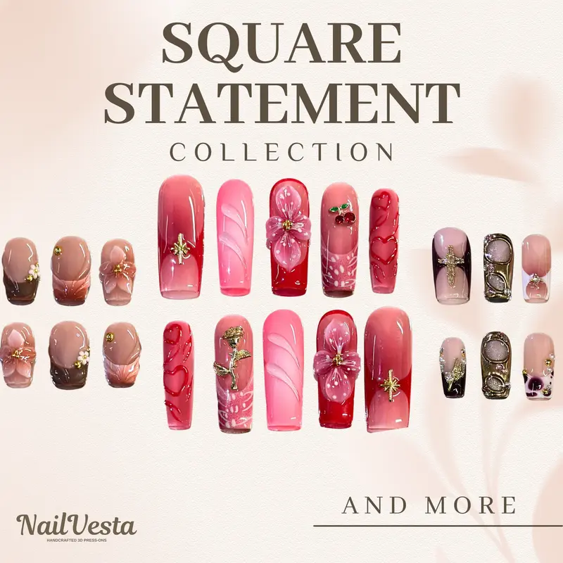 NailVesta THE SQUARE STATEMENT – 100% Handcrafted 3D Press-On Nails | Reusable, Long-Lasting, Salon-Quality Multicolor Nail Art Designs