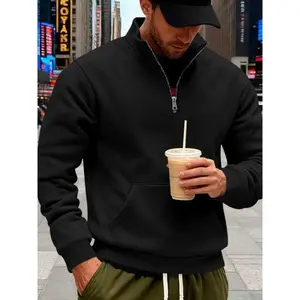Men's half zip stand up collar kangaroo pocket sweatshirt, wool lined warm pullover, casual sports outdoor jacket, suitable for daily wear and sports