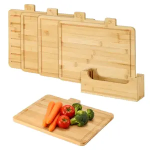 Senmeo 4-Piece Bamboo Cutting Board Set With Holder - Chopping Boards With Food Icons & Juice Groove, Ideal For Meat, Fish, Bread & Produce