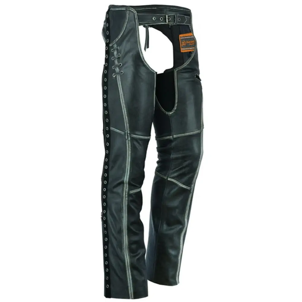 DANIEL SMART Thunderhawk Women's Motorcycle Leather Chaps - 1.2-1.3Mm Drum Dyed Premium Gray Cowhide, Zipper, Pockets, Lace Up, Grommet Detailing, Satin Underlining, Snap, All-Seasons, Bold Design, Durable Protective Biker Trousers for Comfortable Riding