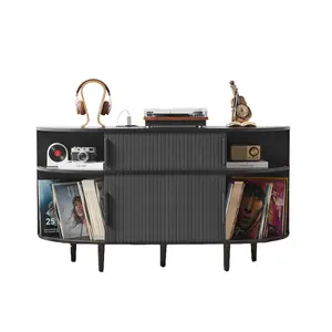 Giratree Large Record Player Stand, 55" Vinyl Storage Cabinet with Charging Station & USB Ports, Curved Mid-Century Modern Turntable Table, Open Shelf Holder for Living Room, Office