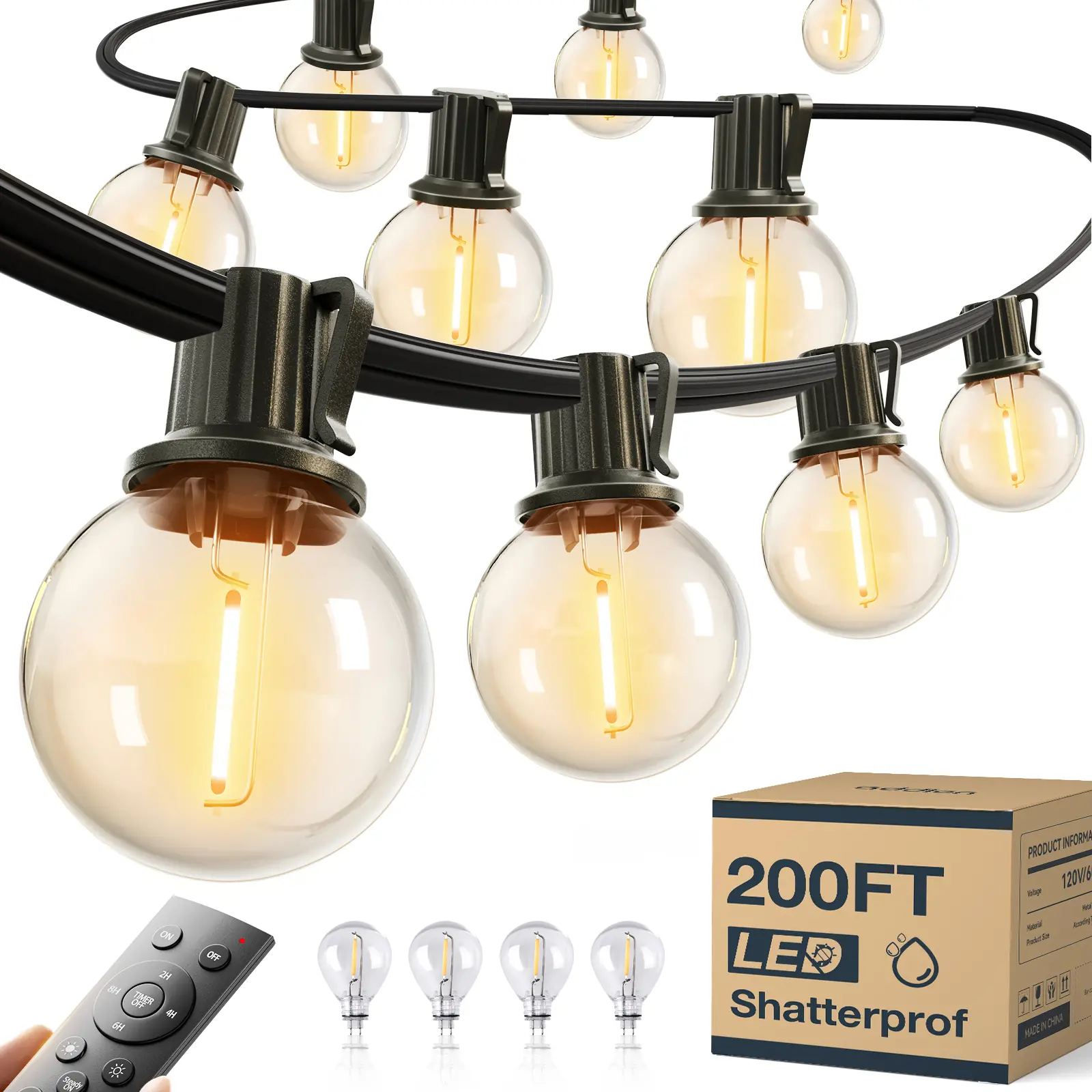 Outdoor String Lights Patio Lights, Shatterproof G40 Vintage Edison Bulbs, Outside Hanging Light Waterproof for Porch, Deck, Garden, Dimmable 2700K, for Yard Camping Gazebo Porch Balcony, Home Decor, Halloween Decorations, Christmas Decor
