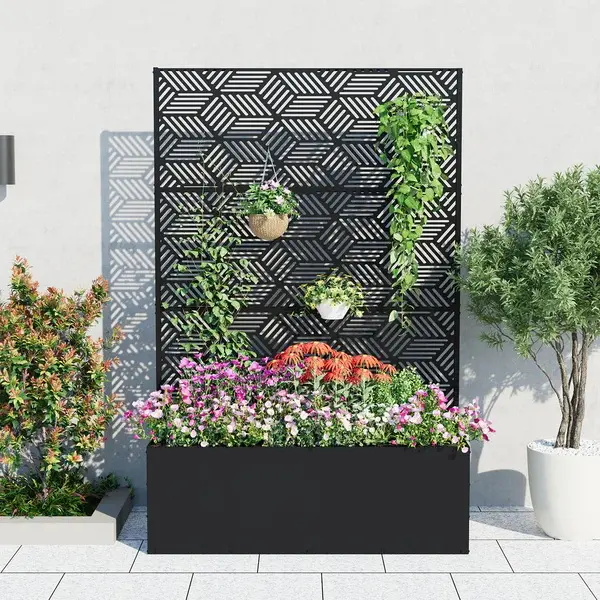 Garvee Jonakaren Metal Raised Garden Bed with Trellis, 71" Metal Planter Box with Trellis Privacy Screen for Climbing Plants, Vegetable, Vines, Drainage Holes, 15.8" Deep Planting Bed, Antique Black,No Wheel
