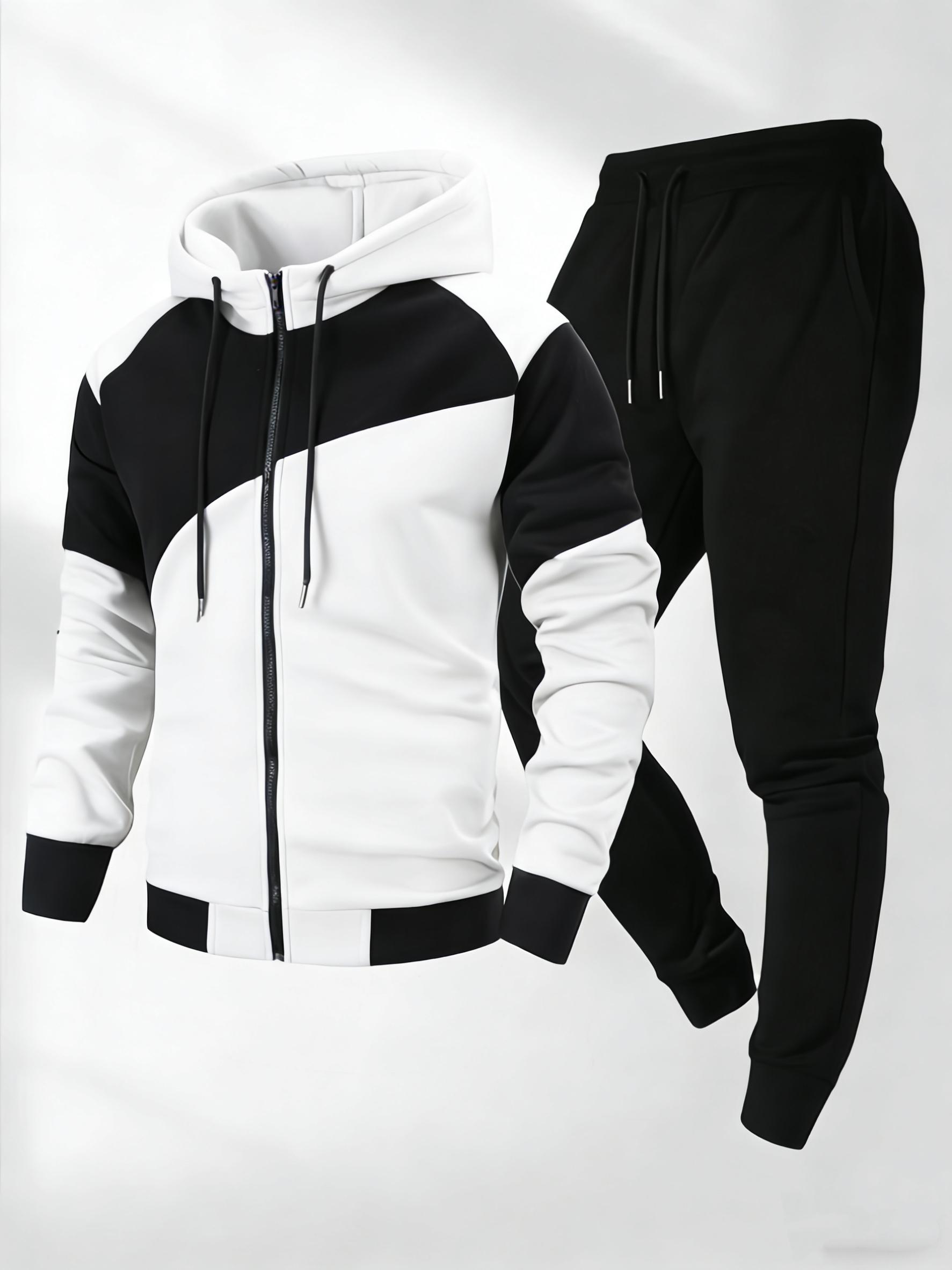 Men's 2-Piece Color Block Hooded Sports Set - Zippered Casual Menswear, Suitable for Everyday Wear