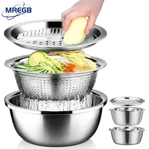 MREGB 3-In-1 Stainless Steel Multi-Functional Strainer Set, Includes Basin/sieve/cutter, Ideal for Washing Rice Fruits Vegetables Kitchen Essentials