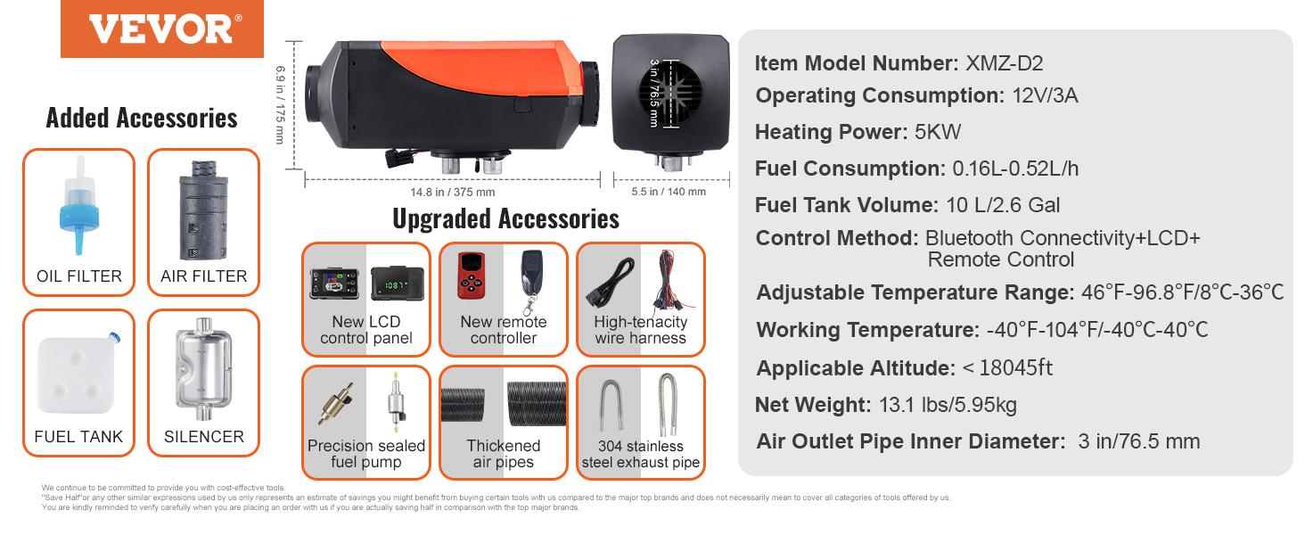 VEVOR Diesel Air Heater, 12V 8KW Separated Portable Parking Heater with Bluetooth App and LCD, Automatic Altitude Adjustment Max 18045 ft, Fast Heating Low Noise, Diesel Heater for Truck RV Trailer VEVOR Diesel Air Heater, 12V 8KW Separated Portable Parking Heater with Bluetooth App and LCD, Automatic Altitude Adjustment Max 18045 ft, Fast Heating Low Noise, Diesel Heater for Truck RV Trailer