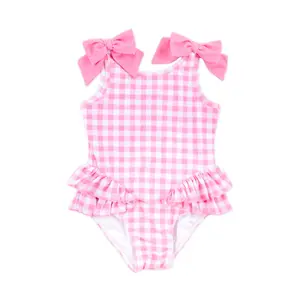 Capri One Piece Swimsuit Pink - Girls Swimwear with Bows in Sweet Pink Check