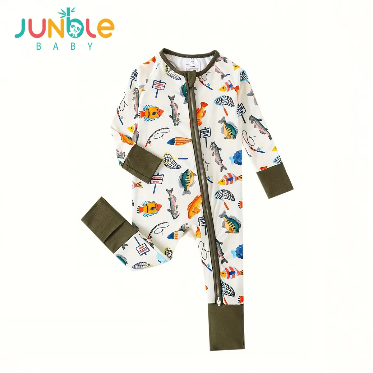 JUNBLEBABY Unisex Bamboo Long Sleeve Romper Suit, Cute Fishing Fish Print Infant Sleepwear with 2‑Way Zip & Convertible Footies, Snug‑Fitting 0‑24M Baby Clothing, All‑Season Pajama Jumpsuit
