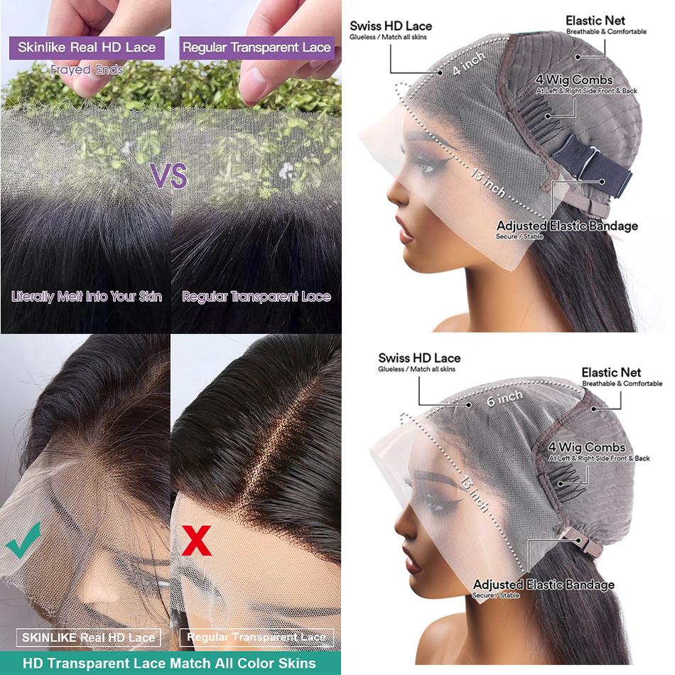 9x6 Glueless HD Lace Wig 180% Density Straight Virgin Human Hair 5x5 Closure Wig Pre-Cut Lace  Frontal Wig For Women 180% Density Natural Black No Glue Needed