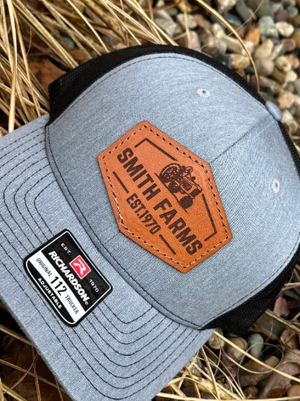 Custom Richardson 112 Laser Engraved Leather Patch Hat- Personalized Tractor with Farm Name & Est Date Hand Stitched Real Leather