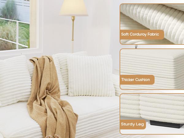 【3 Packages shipping】111‘’ Sectional Cloud Couches with L Shaped Chaise, Extra Large Sleeper Couch Reversible Corduroy with 8pcs Pillows for Living Room, Bedroom-Beige