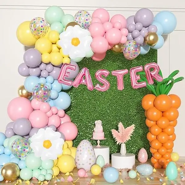 177 PCS Easter Balloons Arch Garland Kit Easter Party Decorations with Banner Daisy Balloons Carrot Gold Confetti Spring Rainbow Pastel Balloons for Egg Baby Shower Girls Birthday Supplies