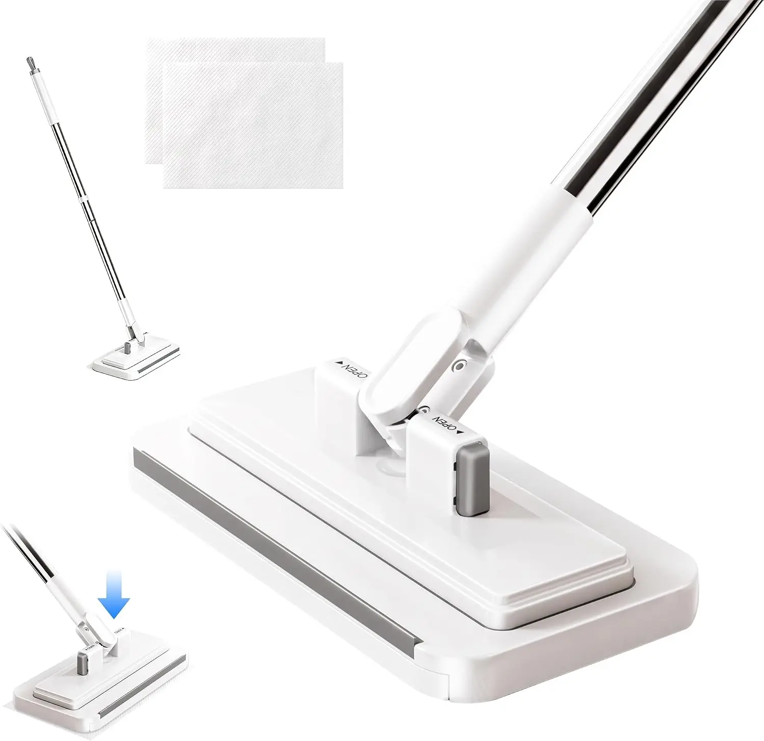 Retractable Disposable Dust Mop - Handheld Mop with Hands-Free Automatic Clamp, Dry-Wet Dual Use, Replaceable Non-Woven Pads, No Hand Wash, Cleaning Supplies for Hardwood Floors, Tile Floors