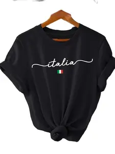 Italian Alphabet Printed Crew Neck T-Shirt - Soft 100% Cotton Women's Top, Italian Style, Casual Short Sleeve, Fitted, All Seasons Wear