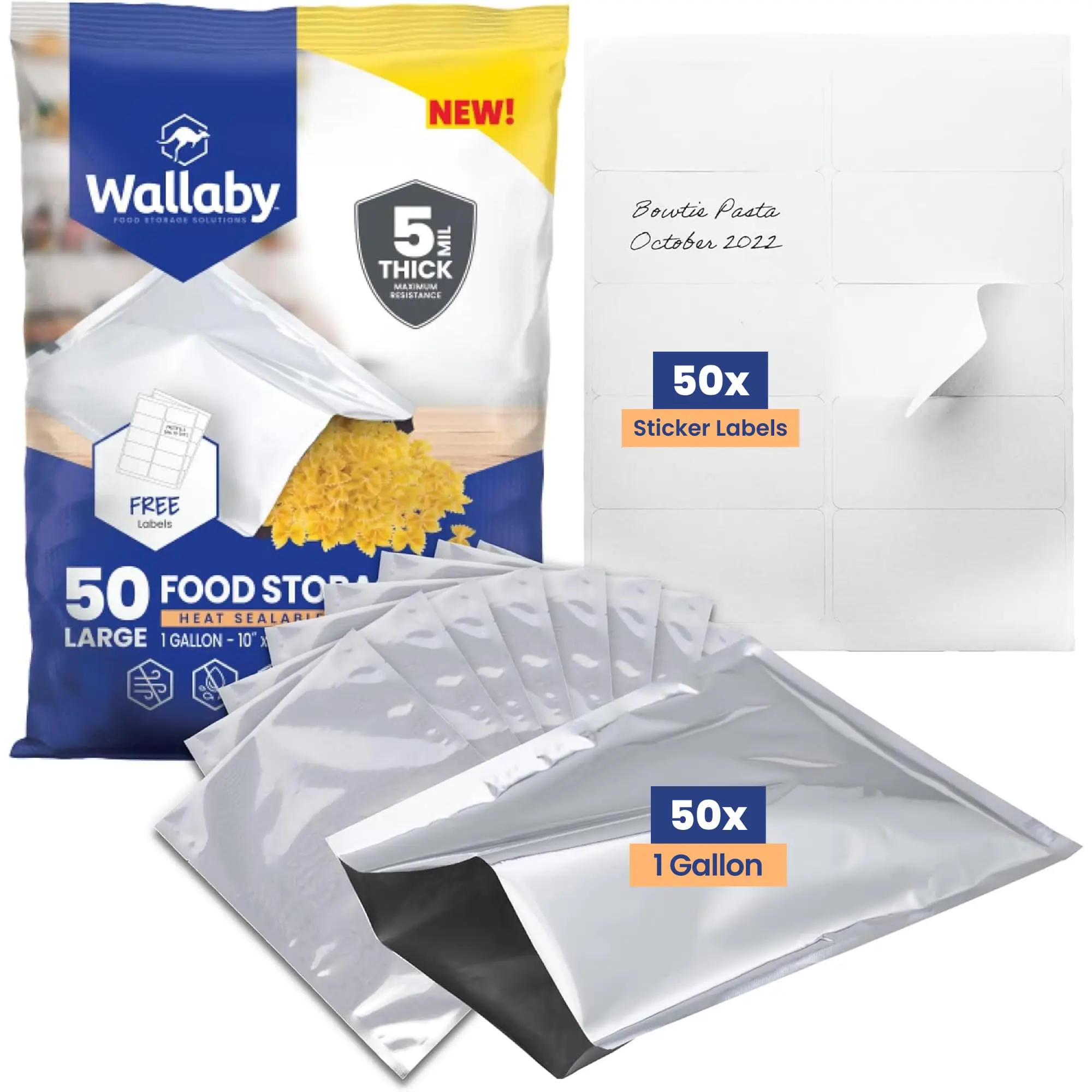 Wallaby 1-Gallon Mylar Foil Light Dry Storage Bags with Labels (50 Count), 10 Mil Total Thickness - Heat-Seal Airtight Emergency Prep Food Containers