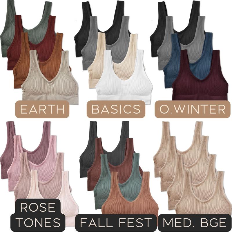 Kalon 4 Pack Ribbed Bras for Women Nylon Spandex Comfort Crop Everyday Underwear