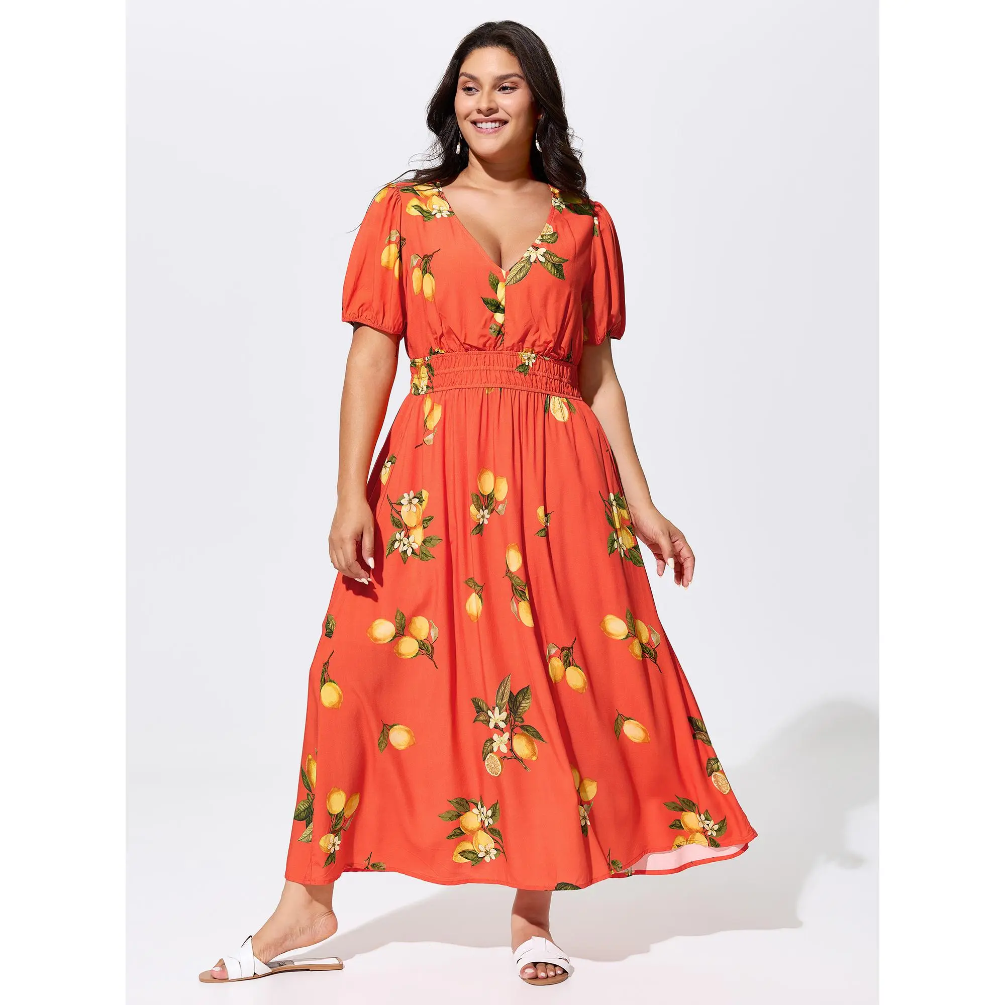 BloomChic Women's Curvy Dresses Plus Size V-Neck Smocked Citrus Print Puff-Lantern Sleeve Maxi Dress [M-6X], Rayon-Polyester Blend with Rayon Shell, Comfy Breathable, Pocket Design, Casual Wear, Resort Look Summer Pick