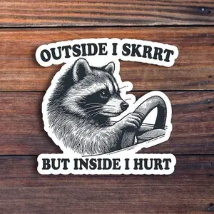 Outside I Skrrt But Inside I Hurt Raccoon Meme Waterproof Weatherproof Vinyl Sticker Funny Sarcastic Decal For Laptop Water Bottle Car