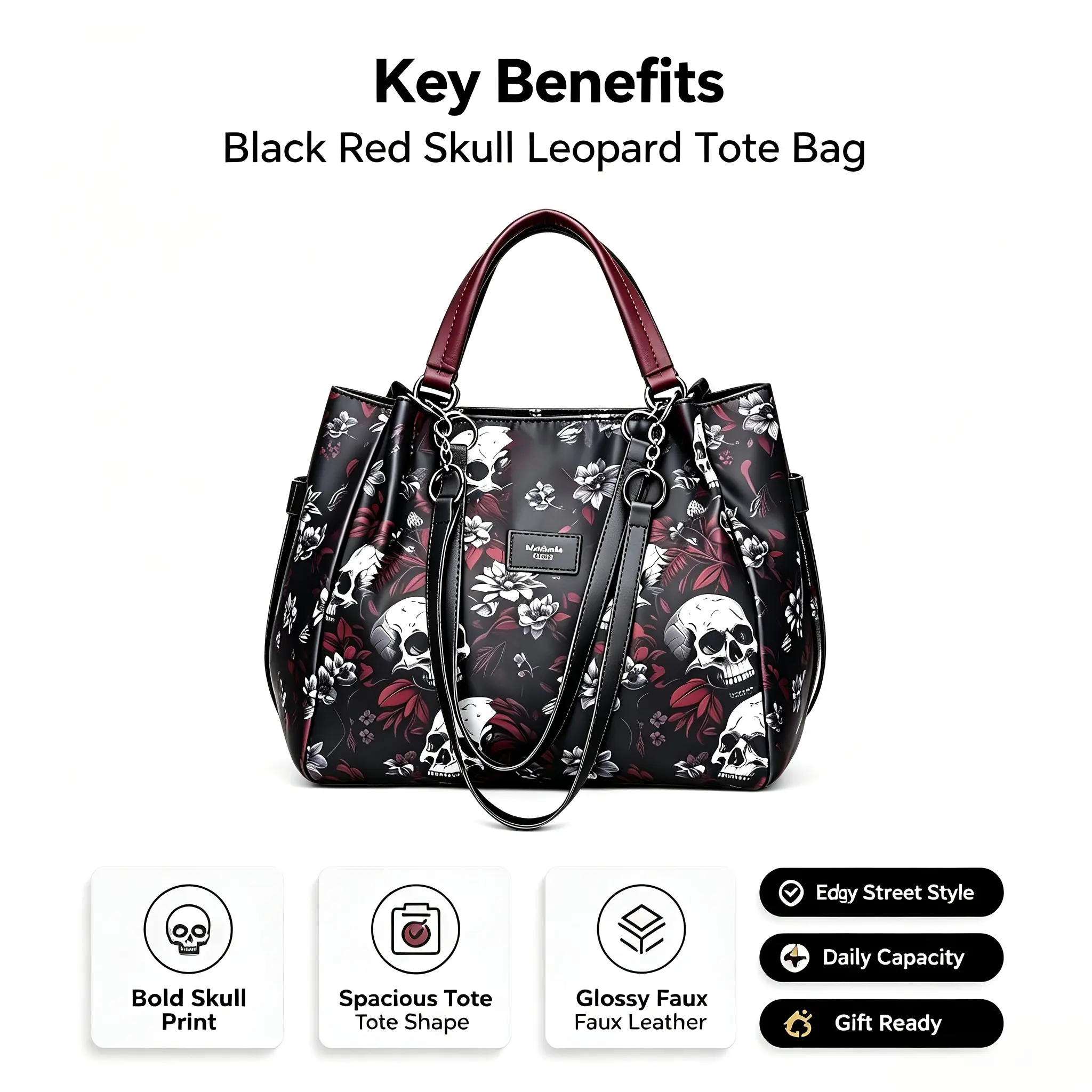 Women's Gothic Chic Leather Handheld Bag - Skull & Floral Print Waterproof Nylon, Adjustable Strap, Large Capacity Anti-Theft Fashionable Shopping Bag, Leather Bags, Elegant