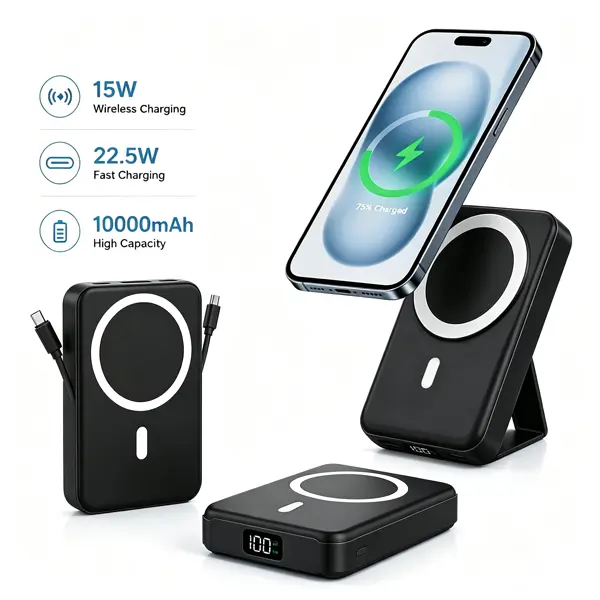 Magnetic power bank, 10000mAh wireless portable charger with USB-C data cable, LED display, foldable battery pack, 22W fast charging, compact silicone material, black. Led Display Powerbank Chargeable