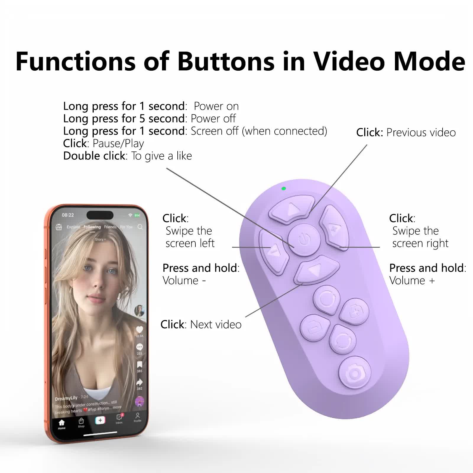 Wireless Bluetooth Remote for TikTok, Page Scrolling, & Camera Shutter | Hands-Free iPhone & Android Controller